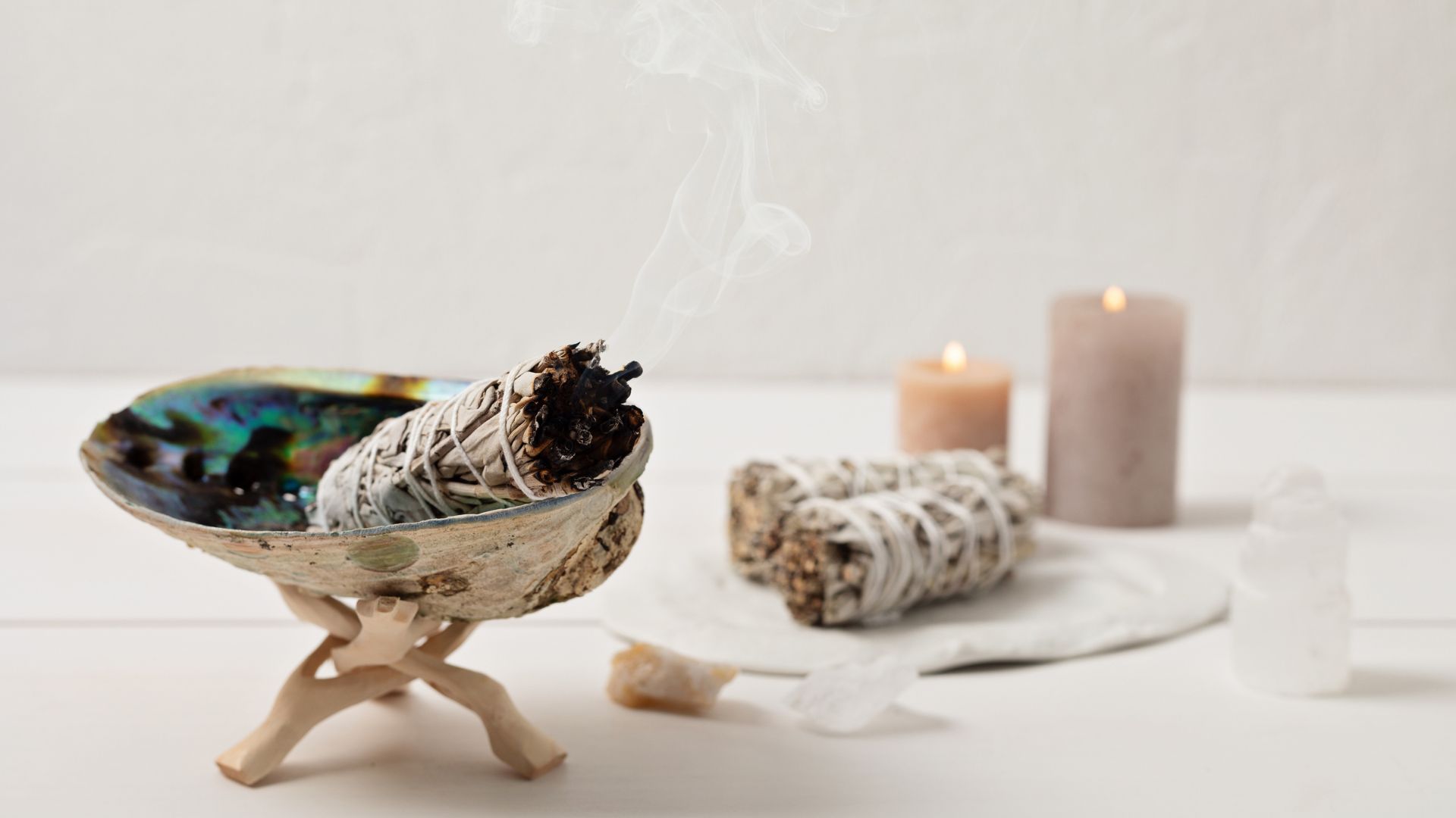 Smudge Kit with white sage stick, abalone sea shell. Natural elements for cleansing environment from negative energy