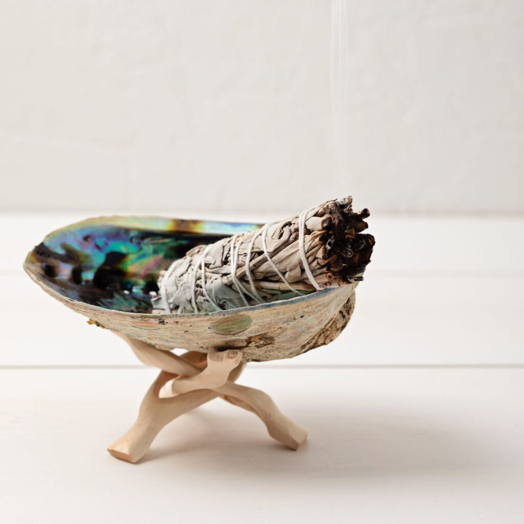 Smudge kit with white sage stick, abalone sea shell