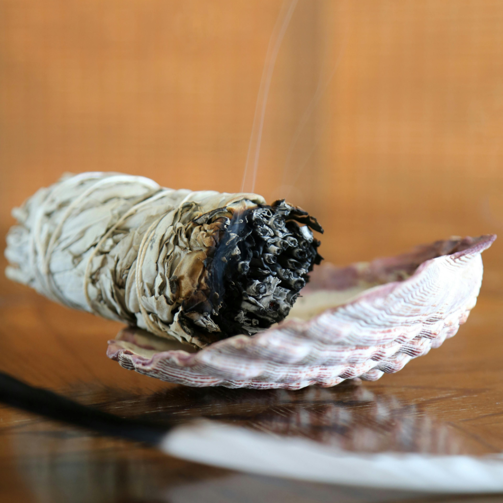 Burning White Sage Smudge Stick on Table Shell Feather Spiritual Energy Cleansing Ritual