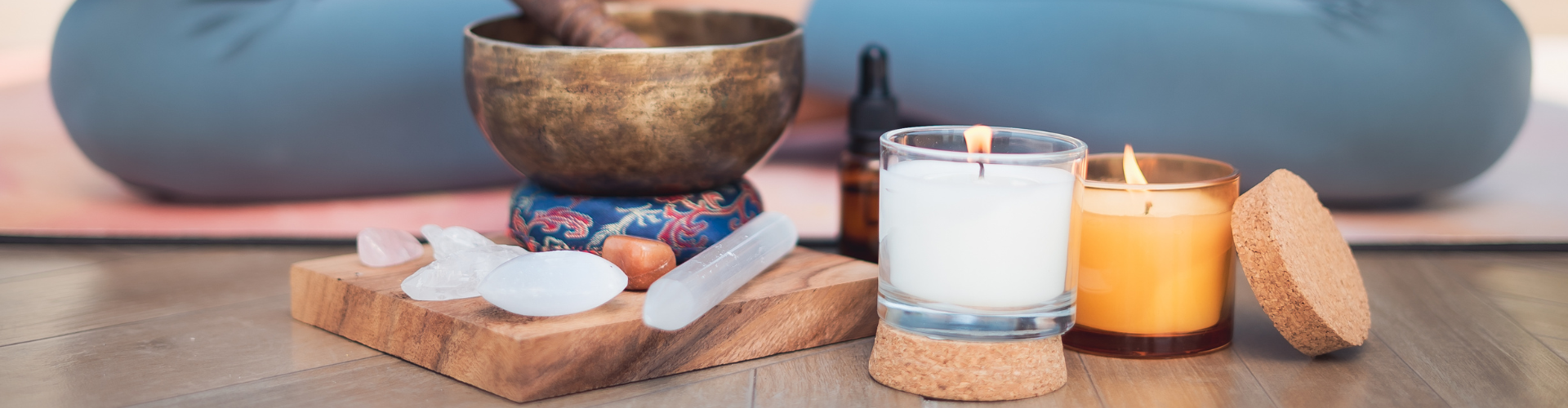 Close-up of a Tibetan Singing Bowl and Healing Crystals