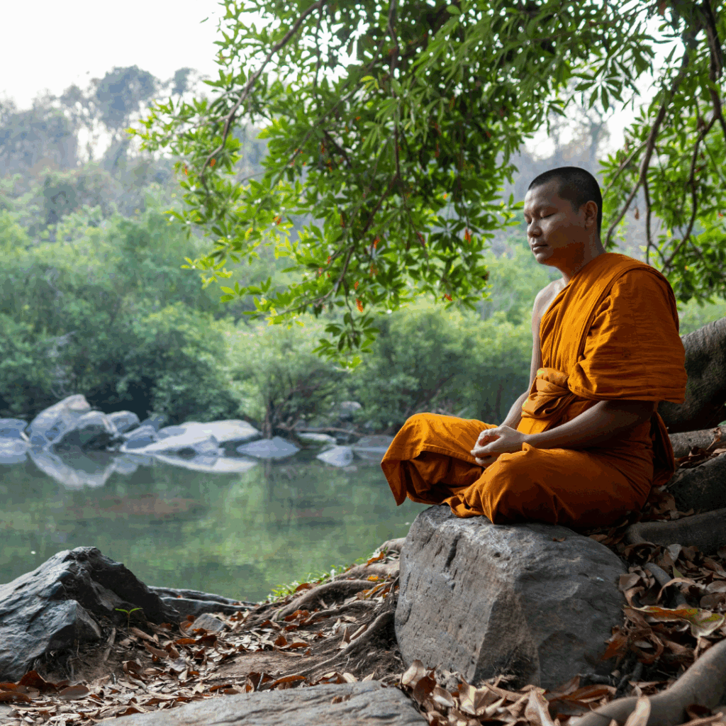 a man sitting on a rock by a river