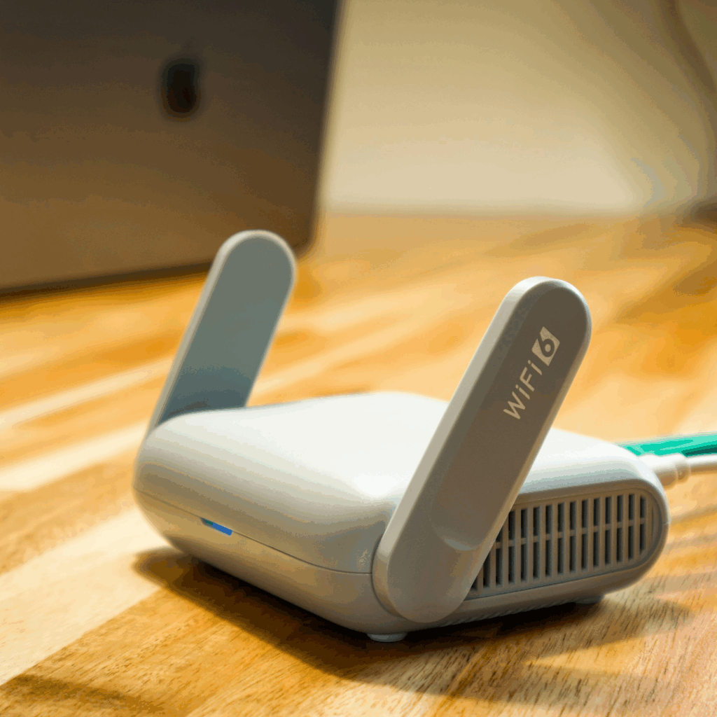Modern WiFi 6 Router on Wooden Desk