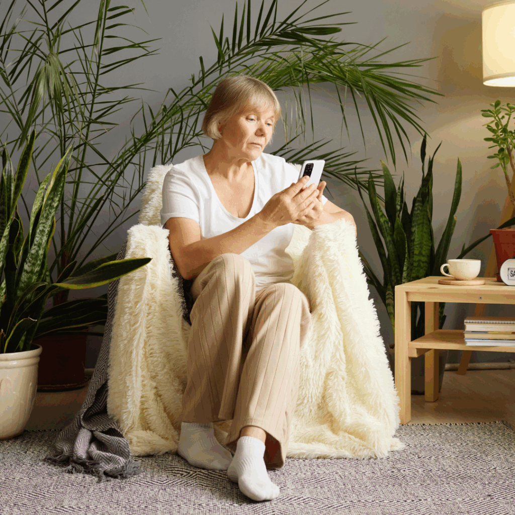 Mature woman browsing web on her cellphone reading and watching content on social media from her comfortable home interior scrolling through her phone engaging with digital online technology