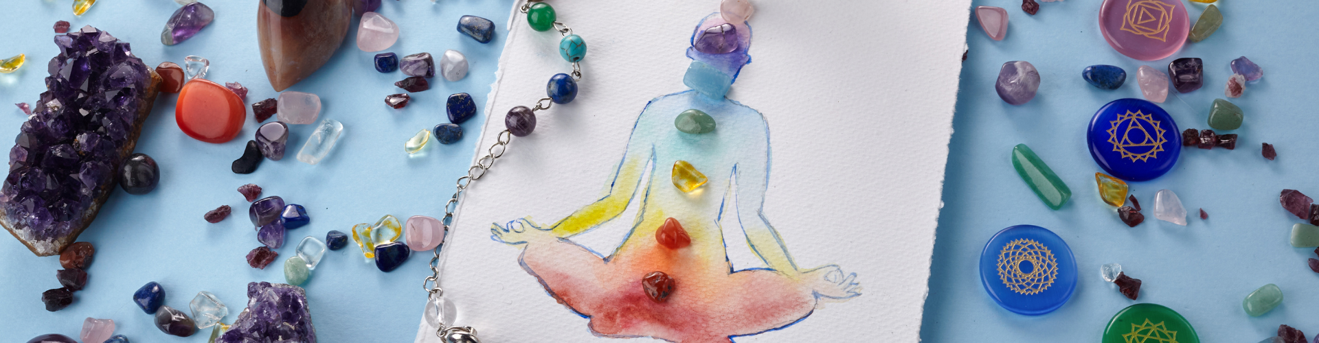 Reiki Healing chakra background, with watercolor painting and healing stones. Yoga, meditation concept.