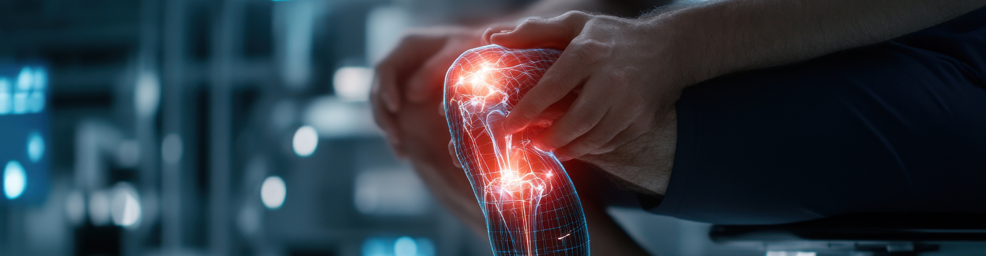 A digital visualization of knee pain and nerve pathways in a clinical setting, highlighting advanced medical diagnostics and technology