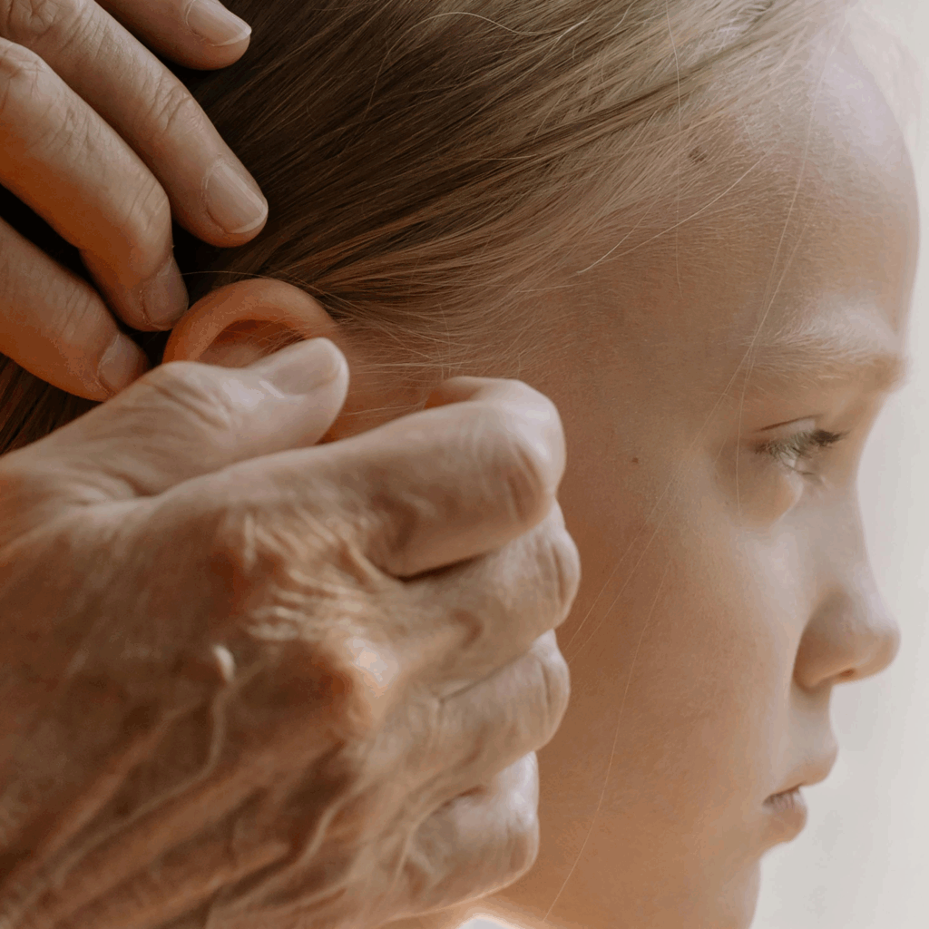 Elderly Woman Does Little Girls Hair