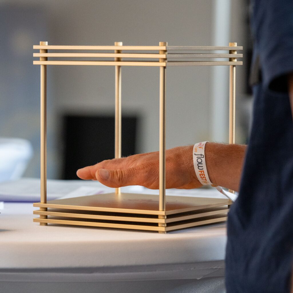 A FlowFest attendee testing the Leela Quantum Tech Infinity Bloc.