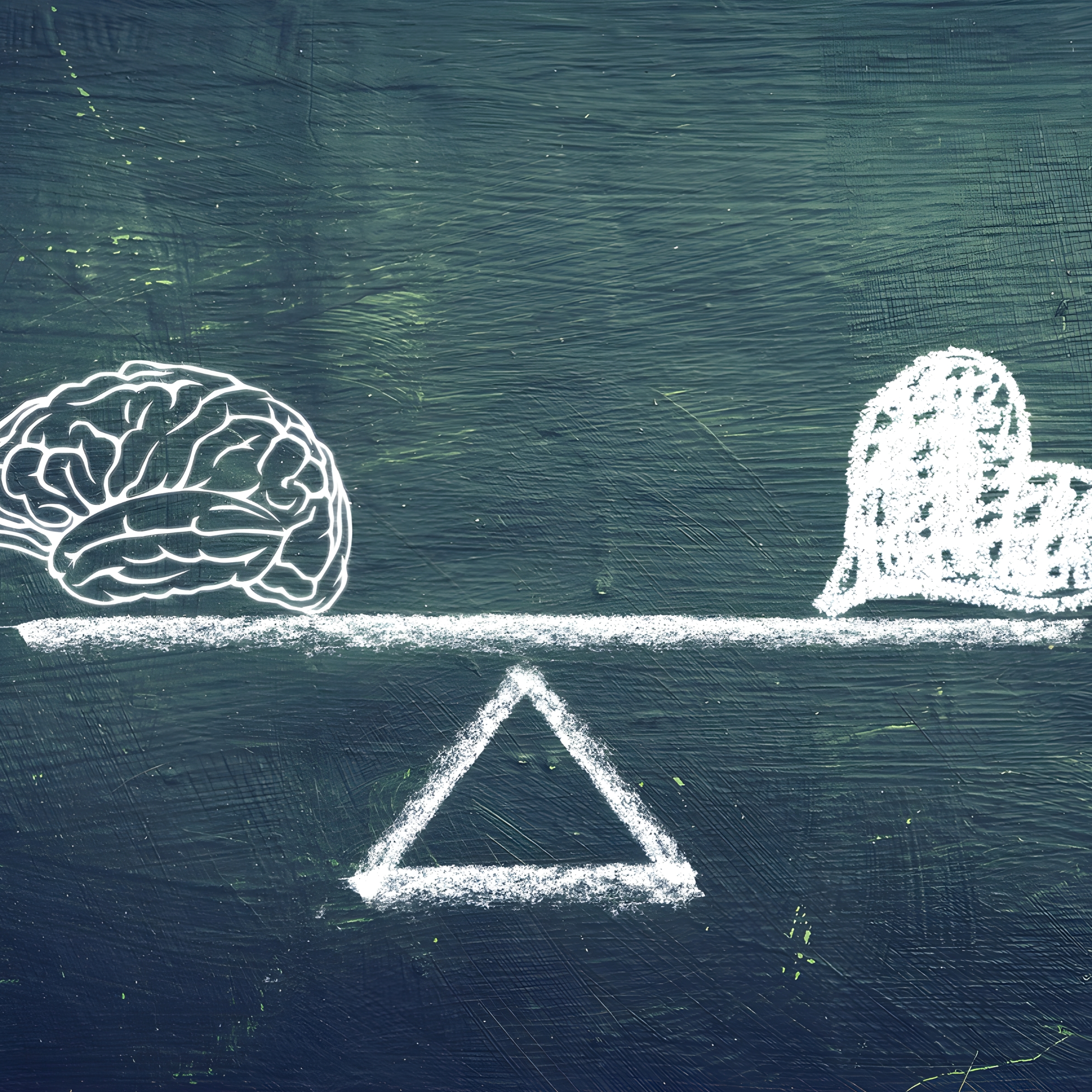 Illustration of a brain and heart balanced on a scale, symbolizing the connection between logic and emotion