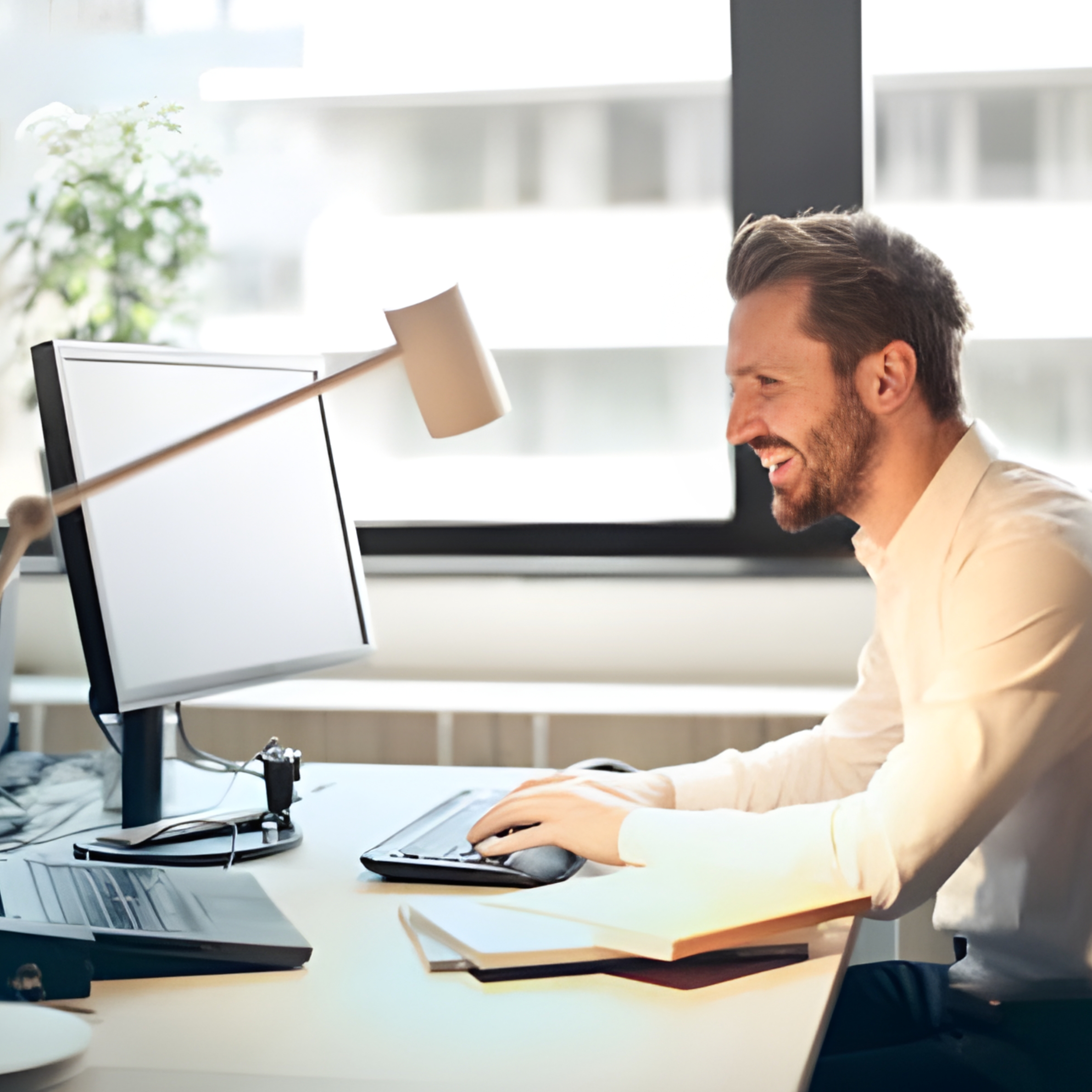 Man working at a desk with a relaxed smile, representing focus, clarity, and productive energy