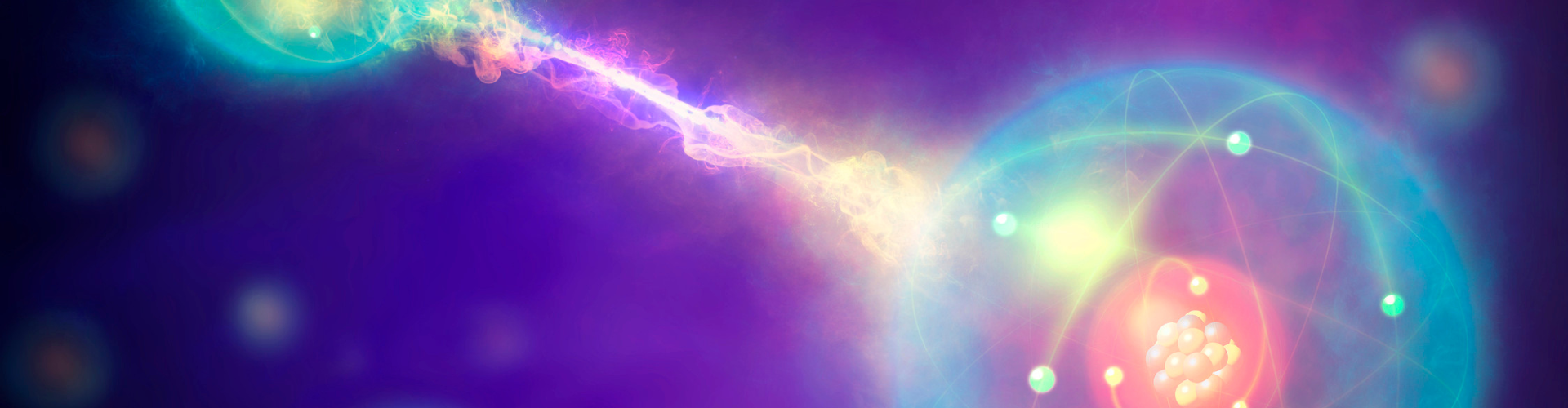 Quantum entanglement. Conceptual artwork of a pair of entangled quantum particles or events (left and right) interacting at a distance. Quantum entanglement is one of the consequences of quantum theory. Two particles will appear to be linked across space